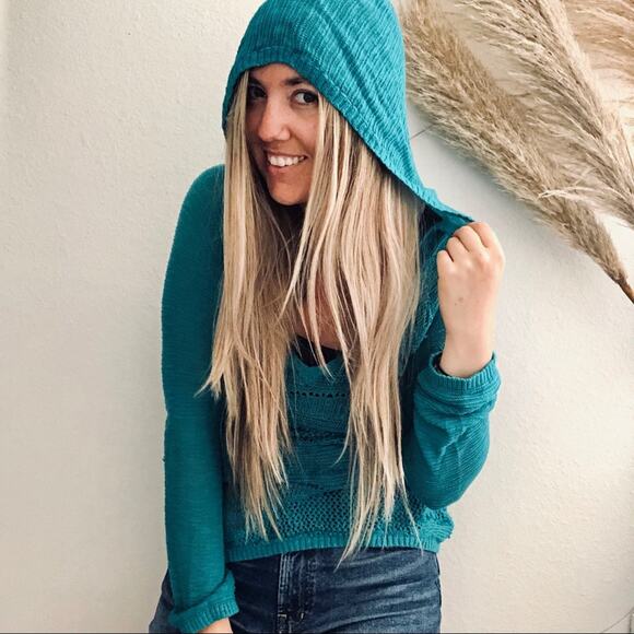 ANTHROPOLOGIE Turquoise Blue Patched Heather Hoodie VNeck Open Weave Sweater XS - Picture 5 of 11